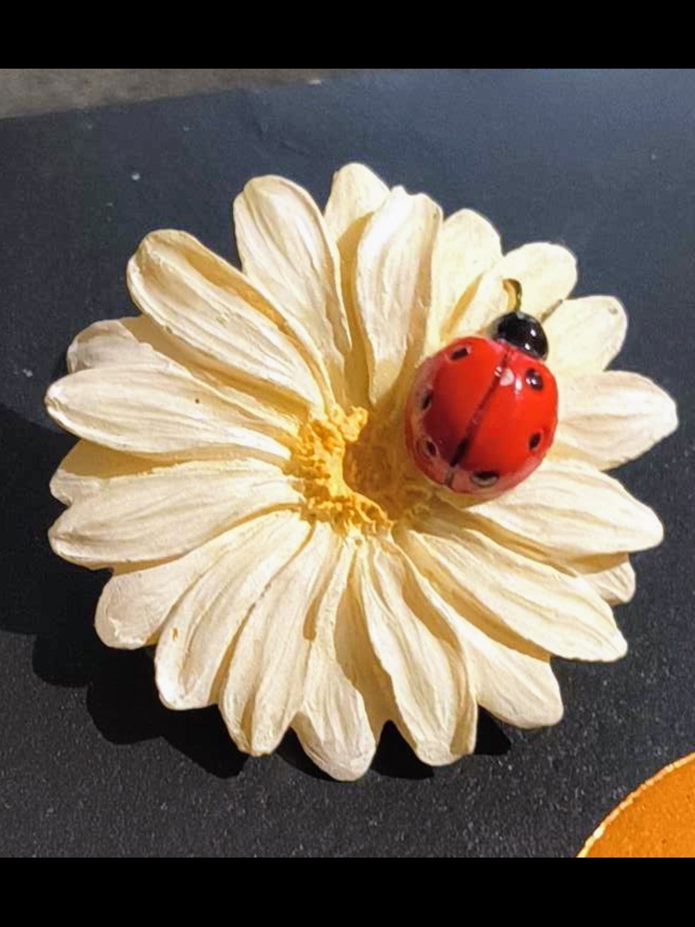 Cream Daisy Brooch with Red Ladybug Accent ~ Klaus Wickl
